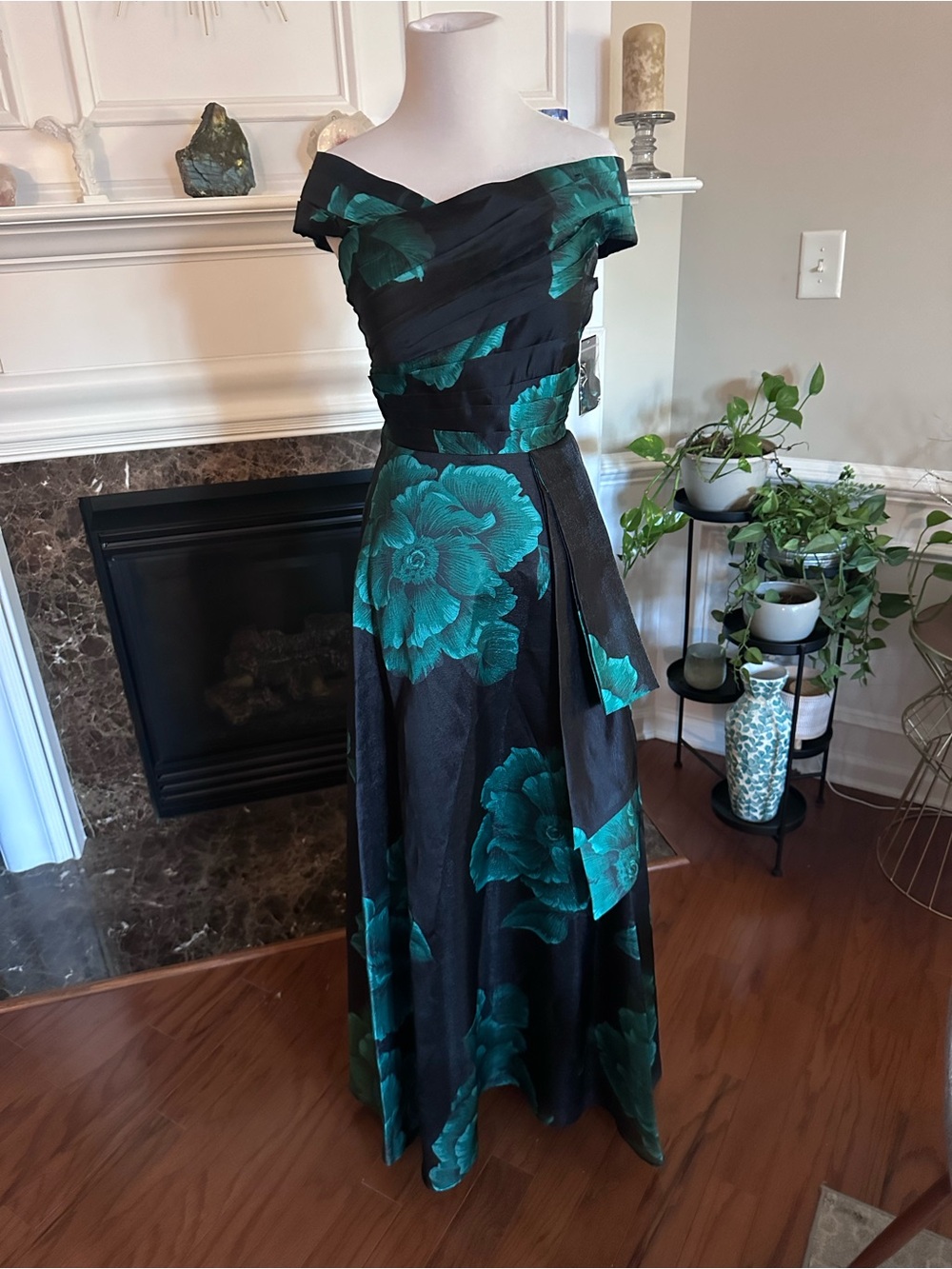 Tahari ASL Black off-Shoulder Gown with Greenish/Teal Floral Pattern